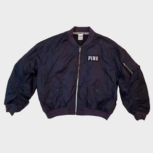 PINK Victoria's Secret Women's Black Flight Bomber Glitter Logo Jacket‎ Small